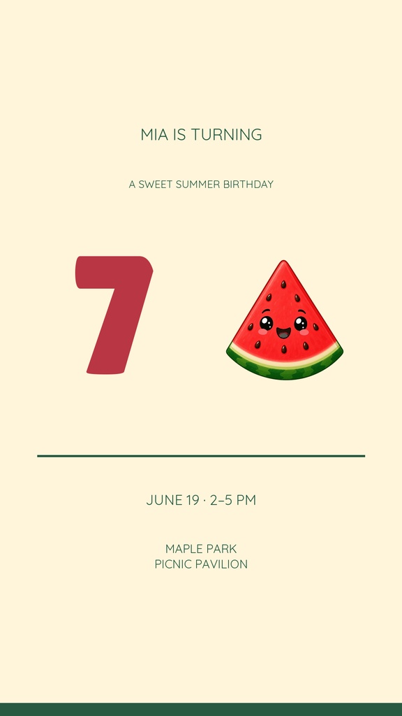 Minimal birthday story design with a large red seven and smiling watermelon slice on a cream background.