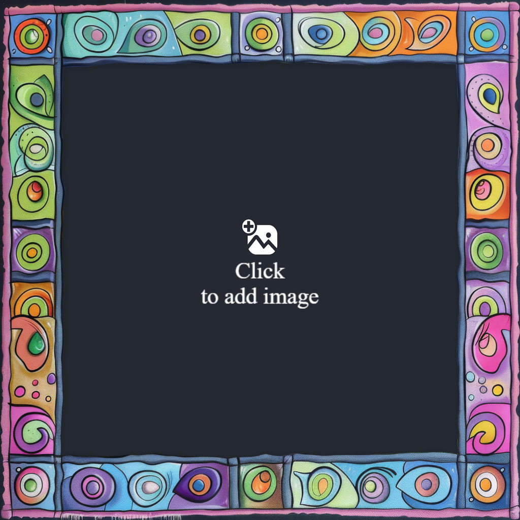 A colorful frame with a black center and decorative swirl border