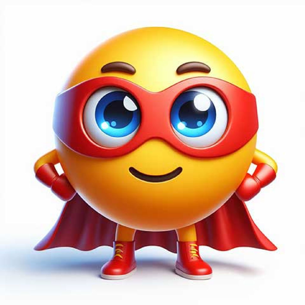 A smiling yellow emoji with black hair and a red cape, wearing a black mask.