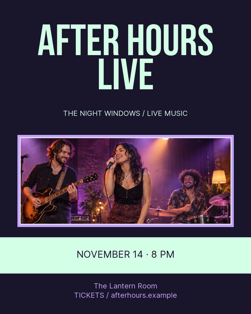 Portrait concert poster with bold After Hours Live text, band photo, and mint event details panel.