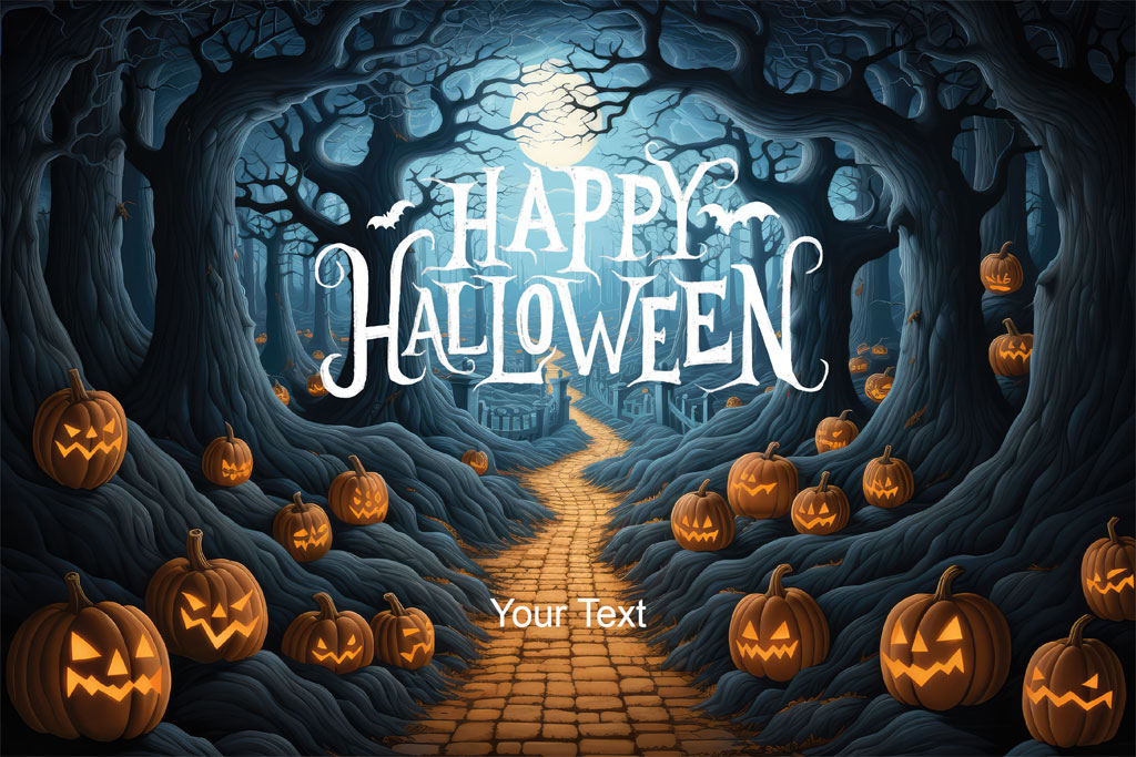 Halloween pathway with carved pumpkins and dark trees