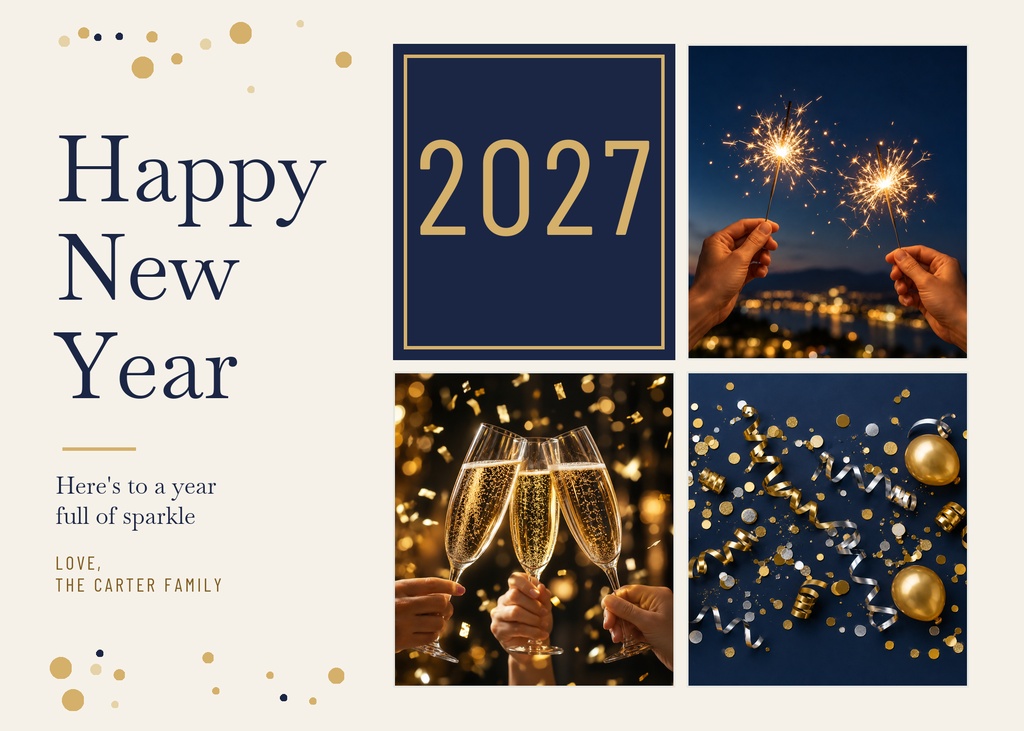 Landscape New Year card with 2027, sparkler photos, champagne glasses, and gold confetti