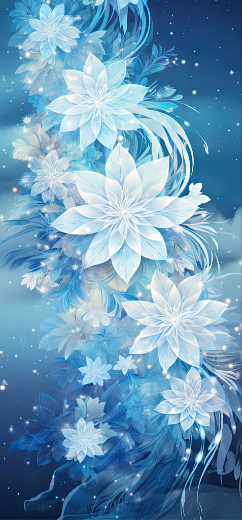 A blue floral background with white flowers and leaves.