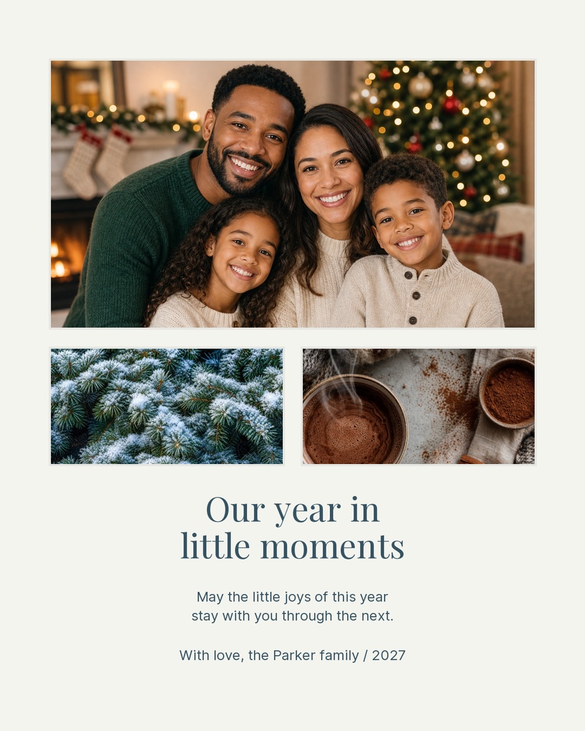 Family photo holiday card with three images and the text Our year in little moments.
