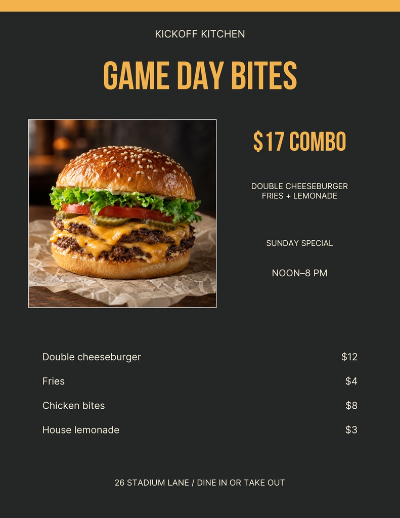 Preview for Kickoff Kitchen Letter Menu / Price List Template