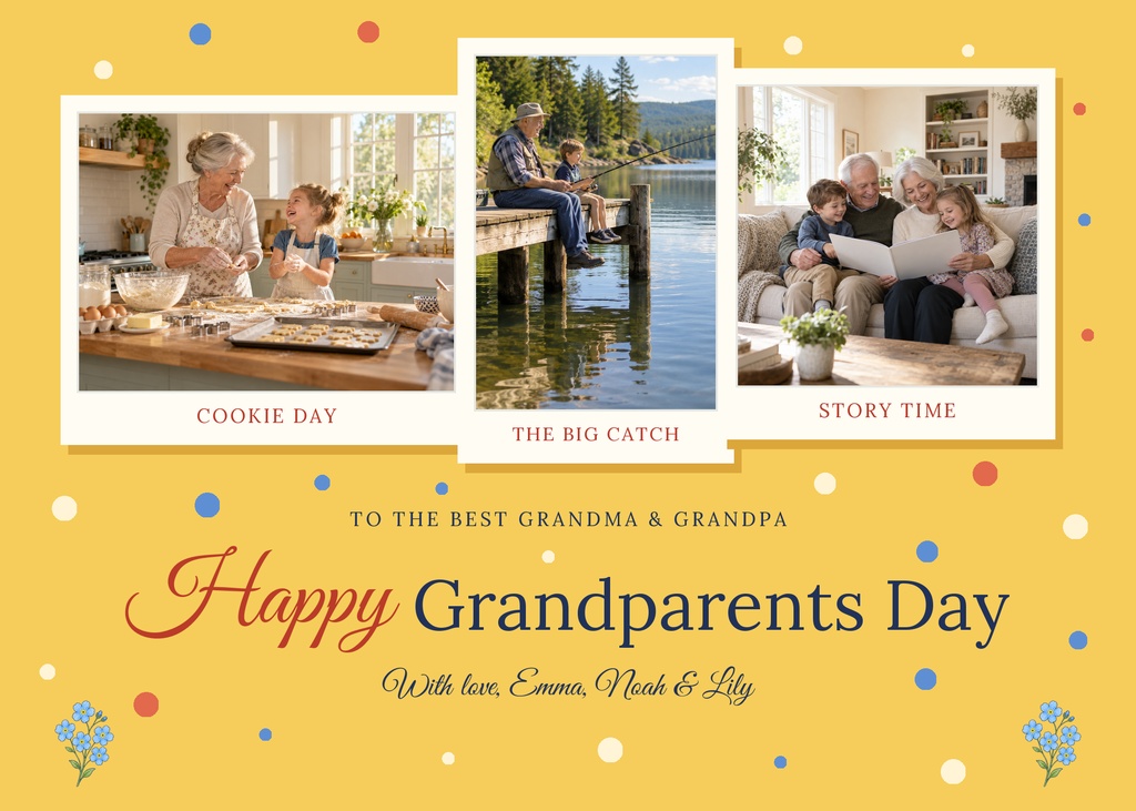 Landscape greeting card with three family photos and Happy Grandparents Day text on a yellow background