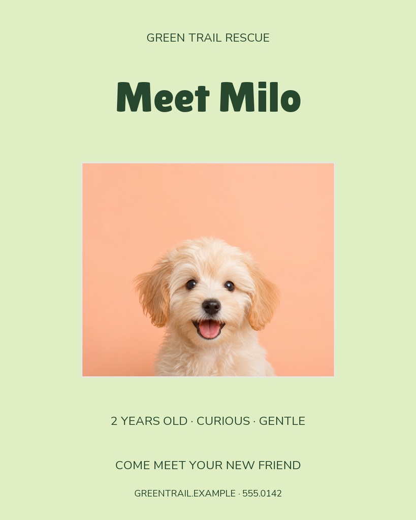Portrait post template with a puppy photo, Meet Milo headline, and pet adoption details.