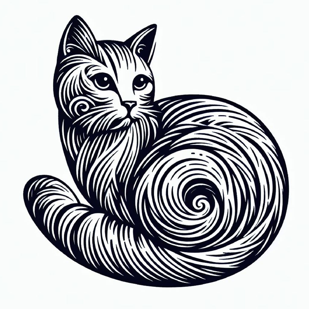 A simple line drawing of a white cat with black stripes and orange ears and nose.