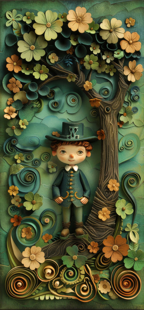 Quilled image of a leprechaun boy standing by a tree with flowers