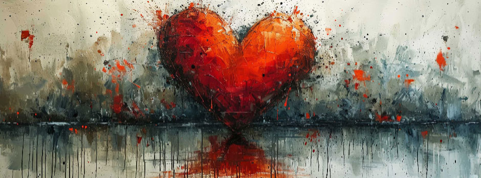 Abstract red heart painting with splatters and reflection