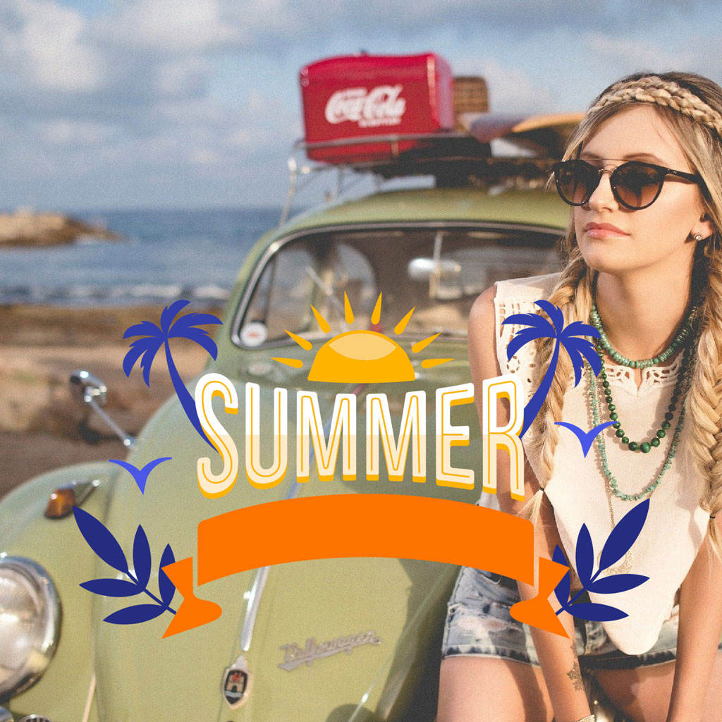 Woman sitting beside a vintage green car with luggage on the roof