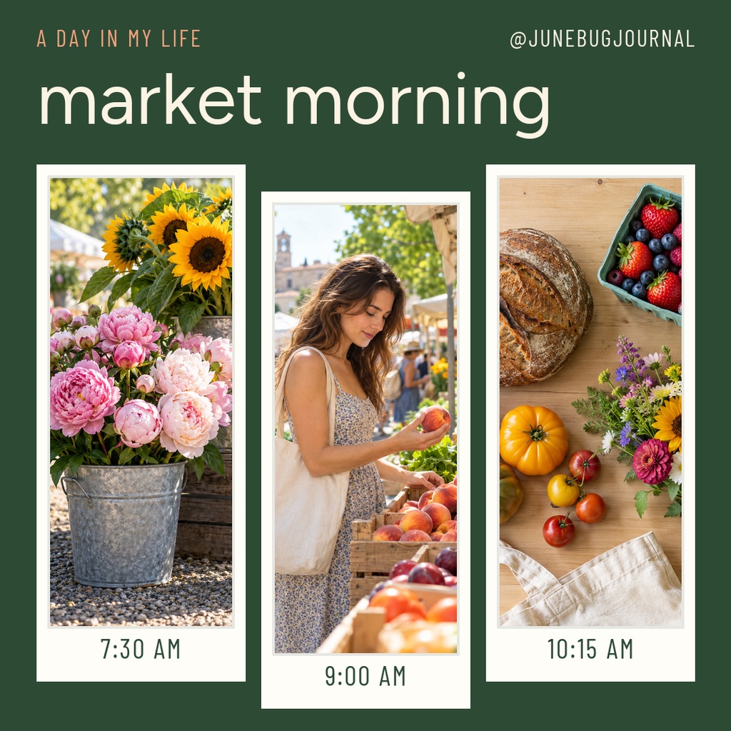 Three square photo panels showing flowers, a woman at a farmers market, and bread with fruit on a green background.