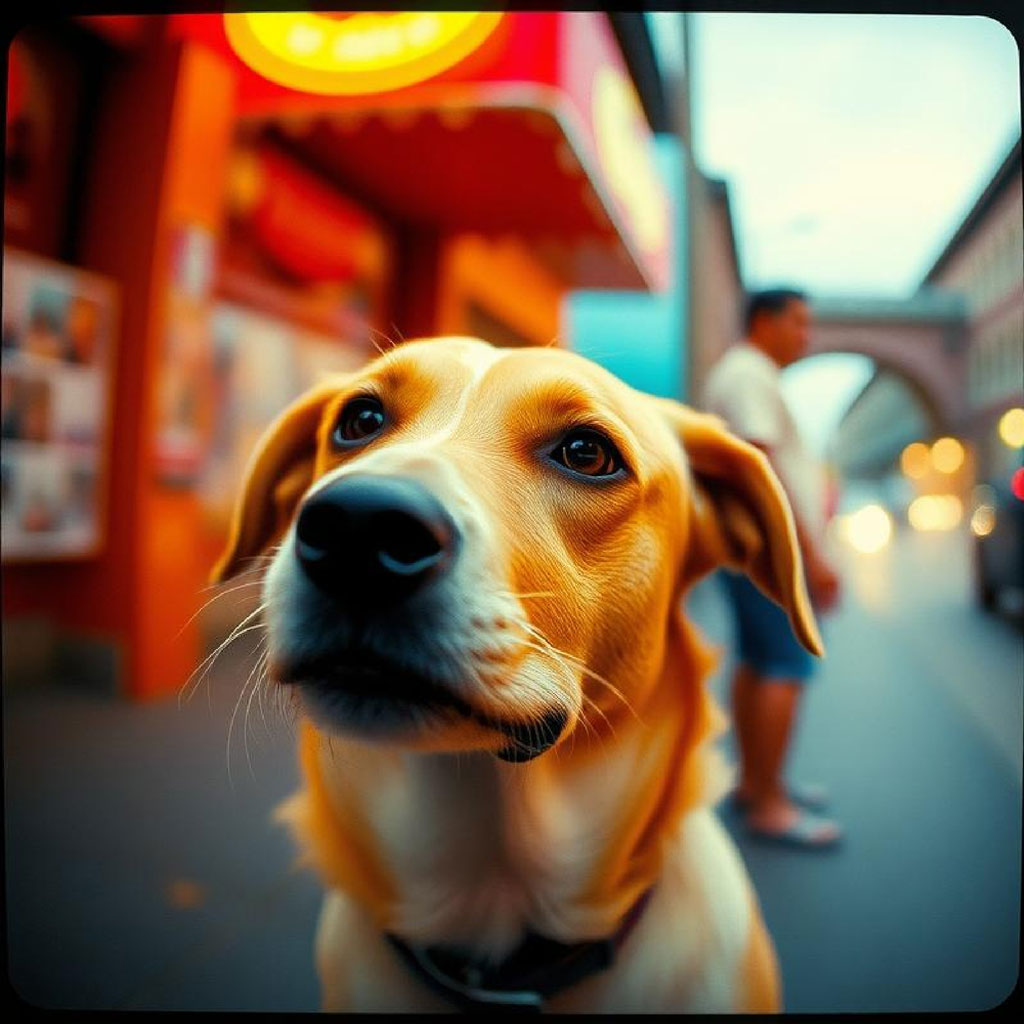 A tan dog with a black nose and floppy ears looks directly at the camera.