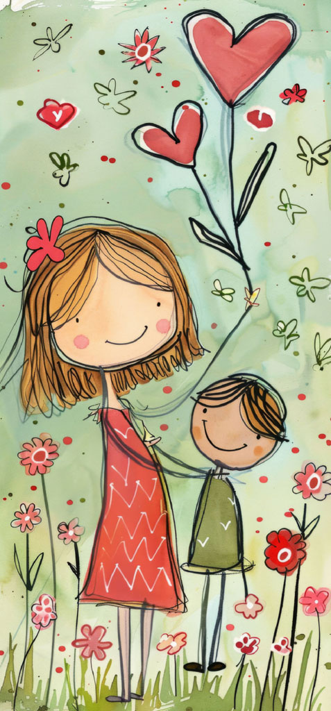 Illustration of a smiling mother and child holding hands in a field of flowers with hearts floating above them.