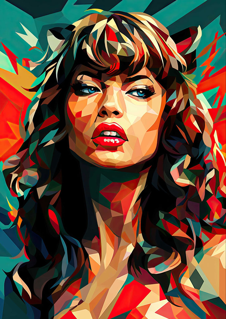 A stylized portrait of a woman with blue eyes and red lips, created using geometric shapes and bold colors.