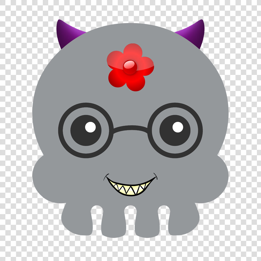 A gray cartoon monster with purple horns, glasses, and a red flower on its forehead.