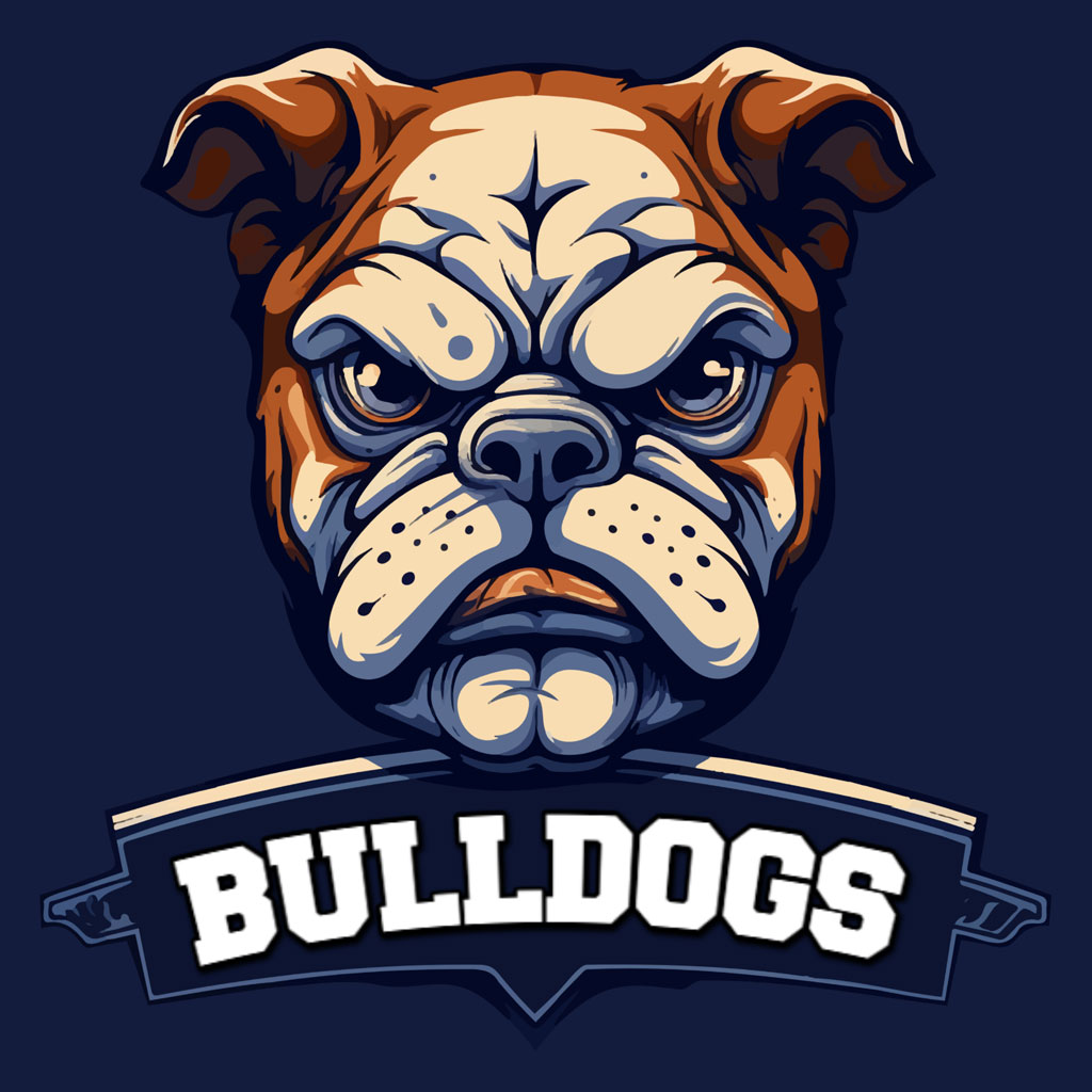 Illustration of a bulldog's face with 'BULLDOGS' banner
