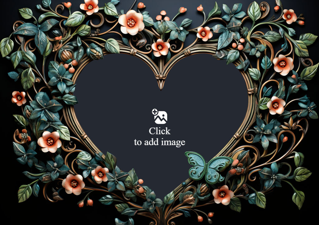 A heart-shaped frame adorned with flowers and a butterfly on a dark background