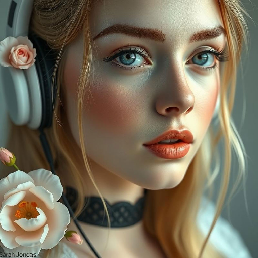 A young woman with blue eyes and blonde hair wearing white headphones and holding flowers.