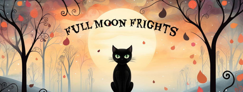 Black cat under full moon with autumn trees