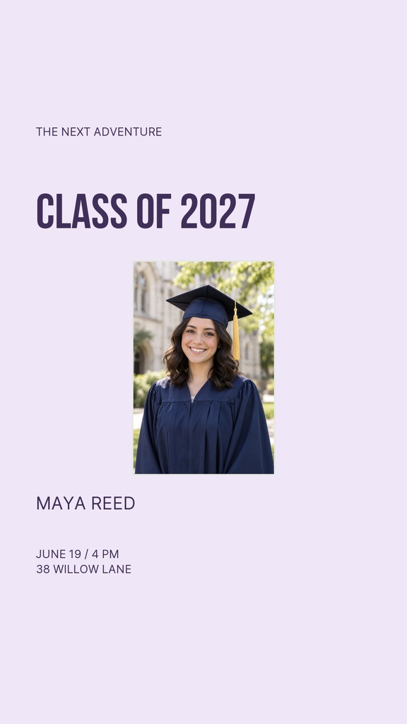 Minimal lavender graduation story template with a portrait of a smiling graduate in cap and gown.