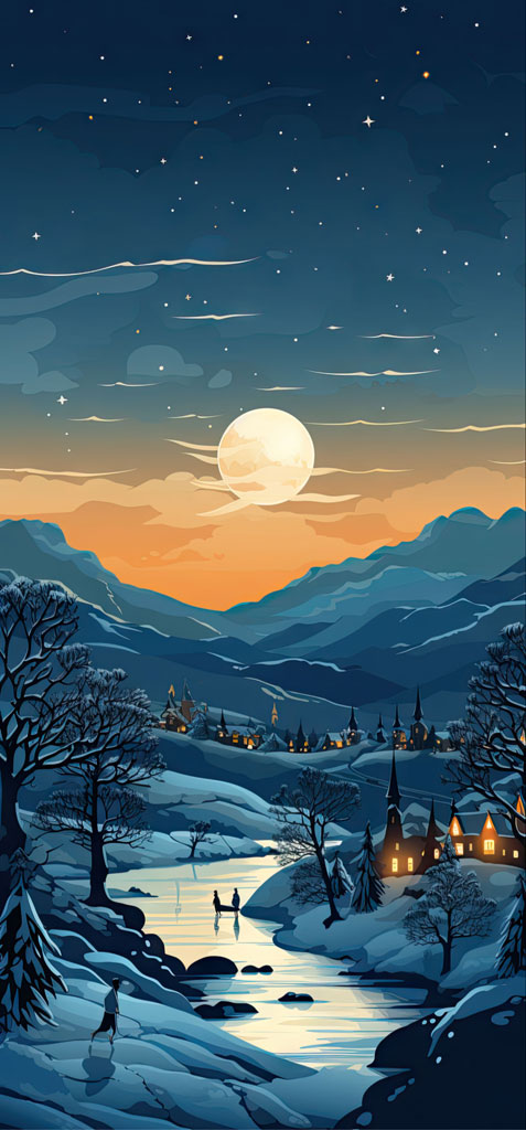 Illustration of a peaceful winter village at night with snow-covered mountains and a river.