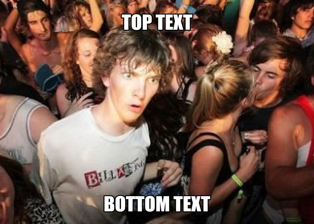 A young man with a shocked expression in a crowded party, surrounded by dancing people.