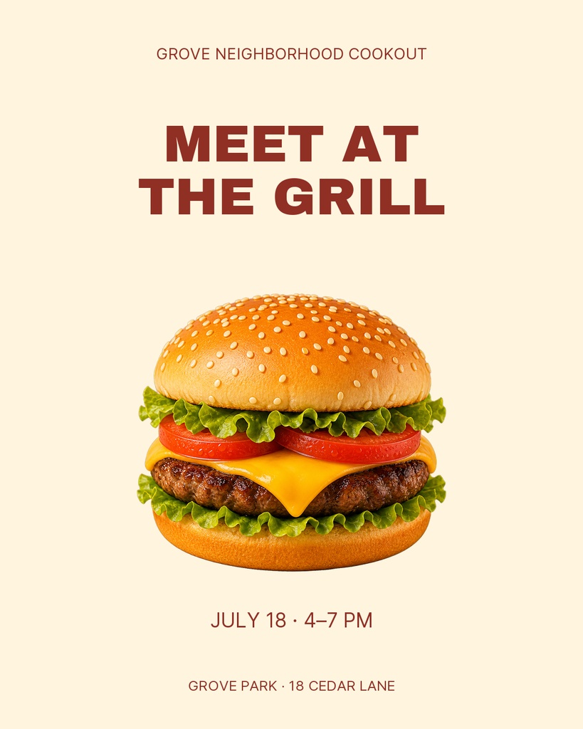 Portrait post template with a burger illustration and the headline Meet at the Grill.