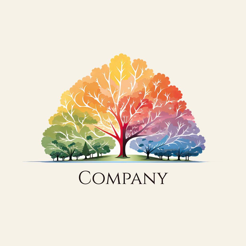 A stylized illustration of a rainbow-colored tree with smaller trees around it.