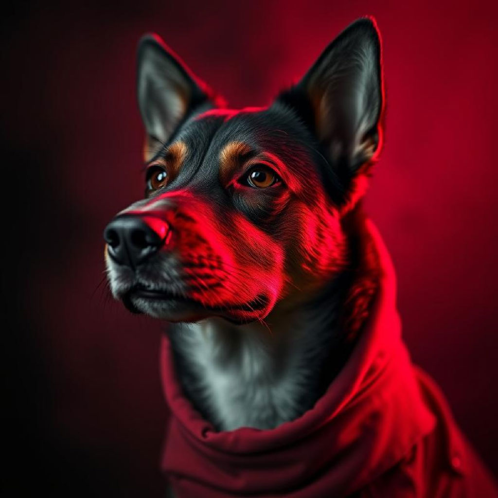 A close-up portrait of a woman with red lighting on one side of her face and dark tones on the other.