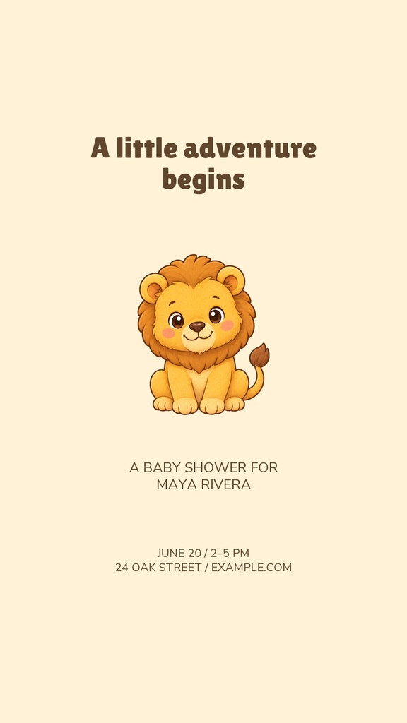 Vertical baby shower story with a cute lion, beige background, and centered text reading A little adventure begins.