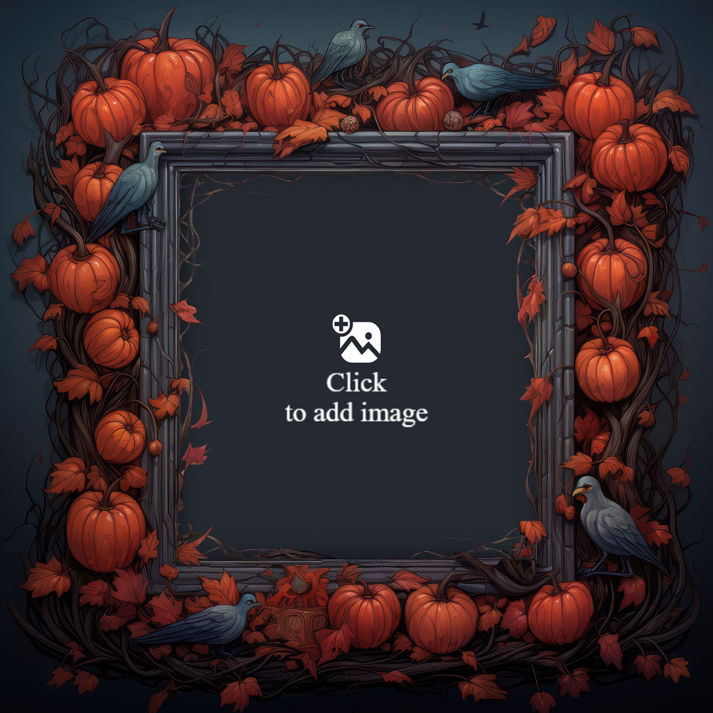 A dark Halloween-themed frame adorned with orange pumpkins and blue birds.
