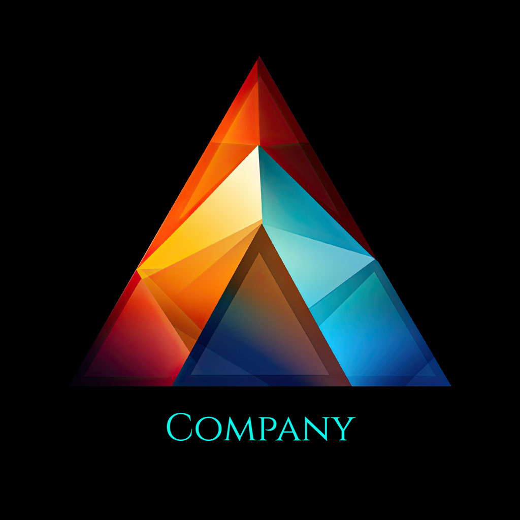 A stylized triangle logo with gradient colors on a black background