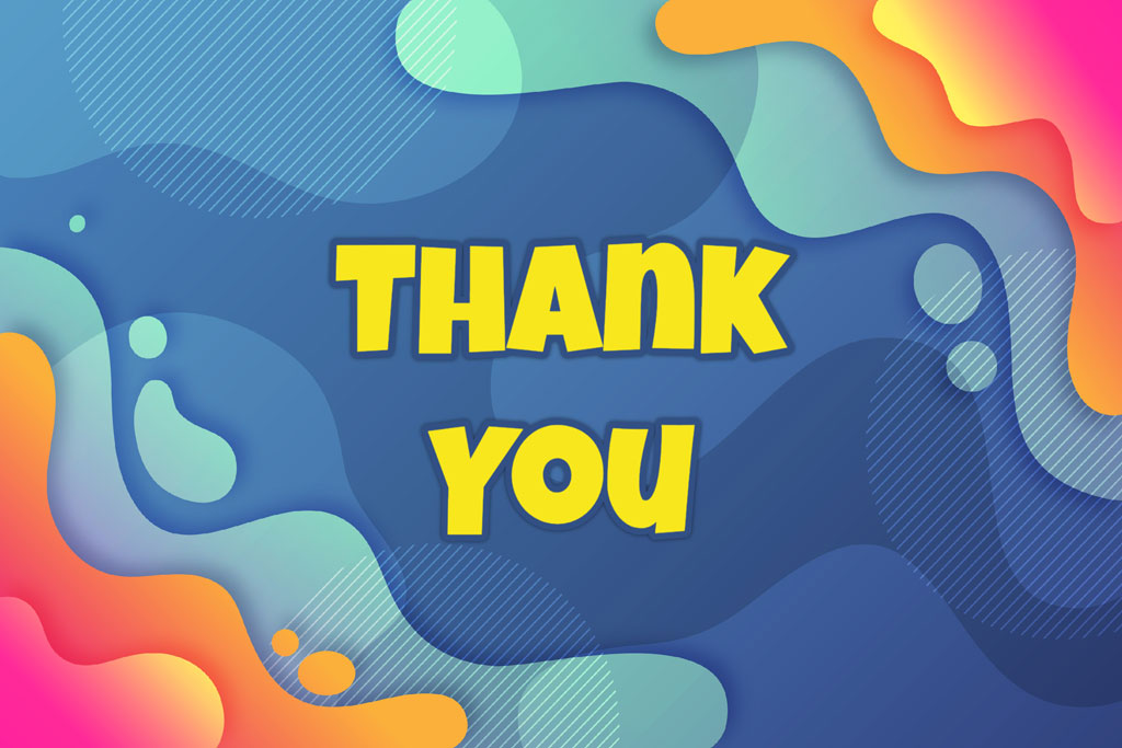 Thank you message on a blue background with colorful abstract shapes.