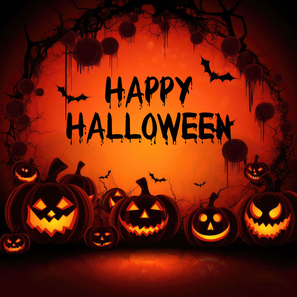 Halloween greeting with carved pumpkins and bats