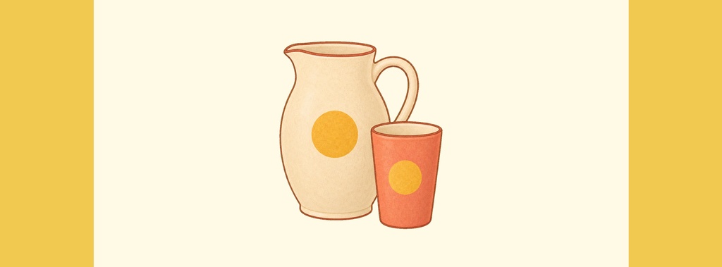 A pastel citrus pitcher and orange drink glass on a light background.