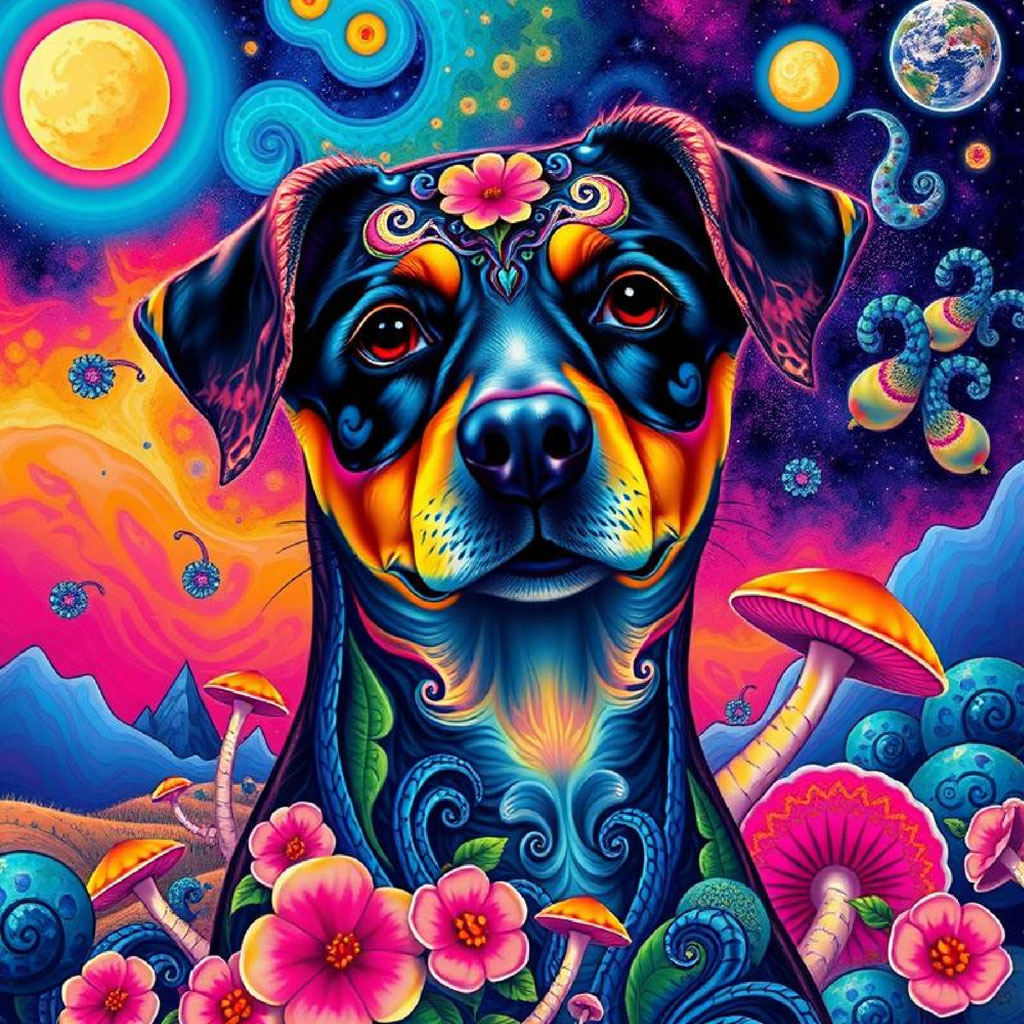 A colorful, psychedelic portrait of a woman with flowers in her hair and mushrooms around her.