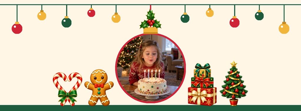 Christmas birthday page cover with hanging ornaments, holiday icons, and a child with a birthday cake in the center