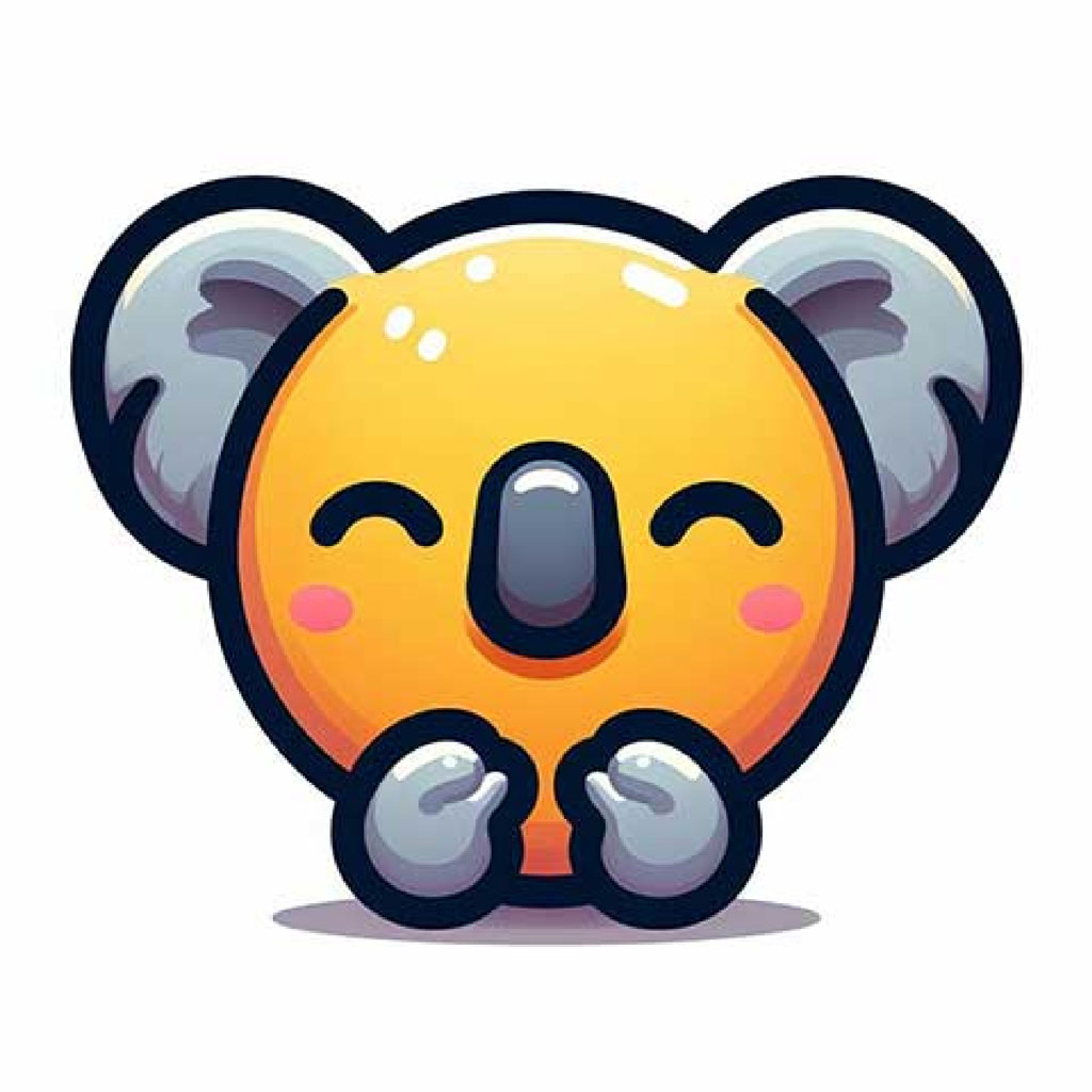 A smiling cartoon koala with red eyes and rosy cheeks