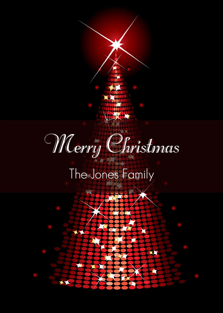 Red Christmas tree with star decorations and Merry Christmas message