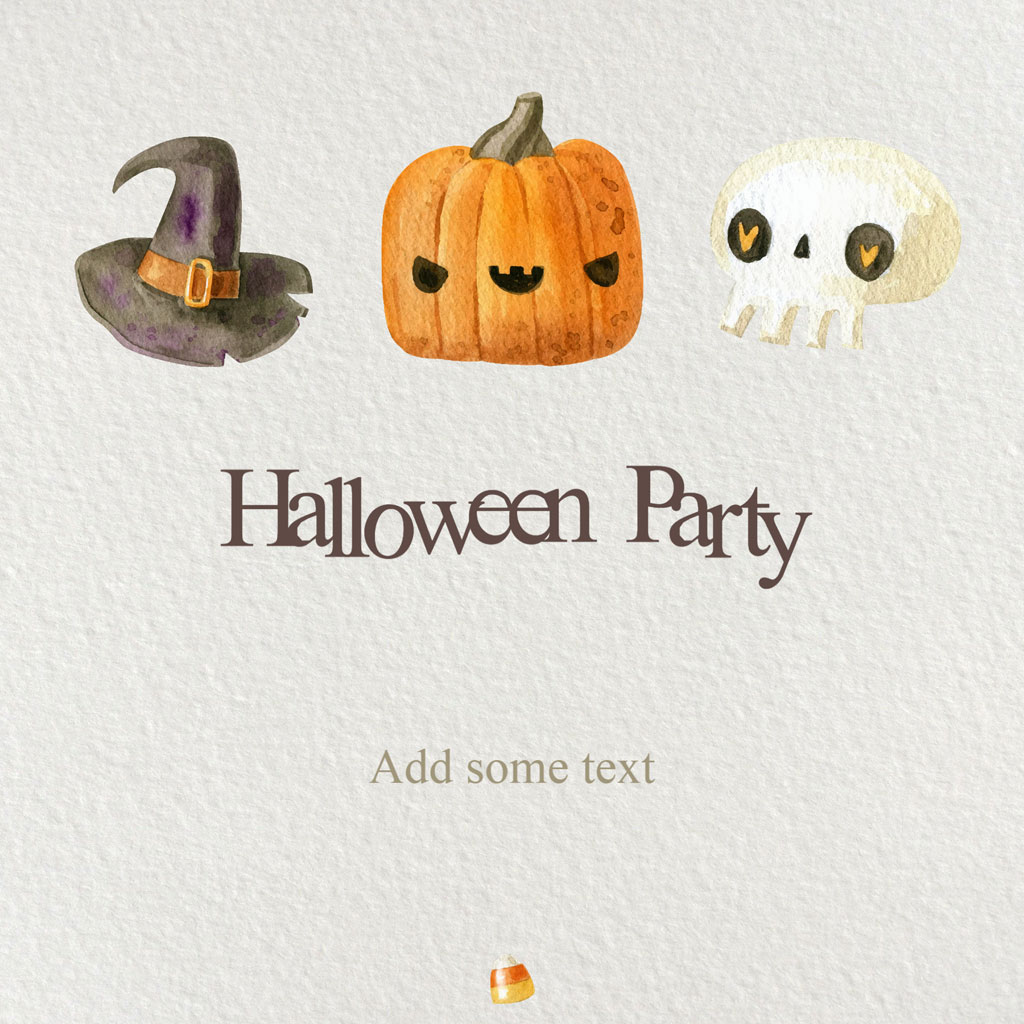 Halloween party invitation template with witch hat, pumpkin, and ghost illustrations