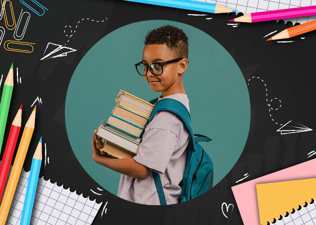 A boy with glasses and a backpack holding books