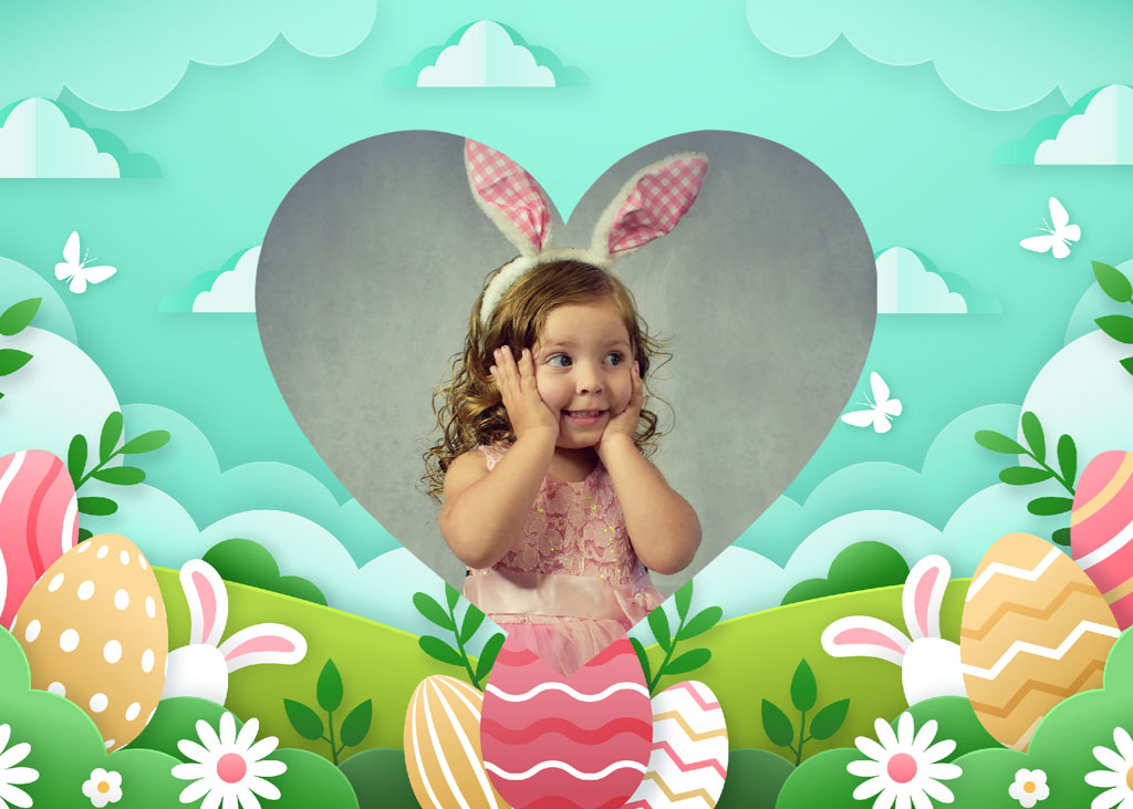 Little girl wearing bunny ears in a heart-shaped frame surrounded by Easter eggs and flowers