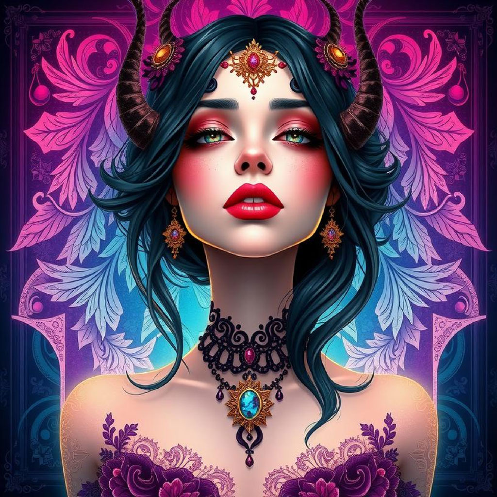 A digital illustration of a woman with horns and elaborate accessories.