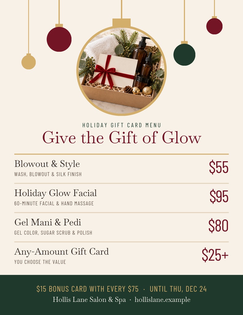 Portrait holiday salon menu with gift card prices, hanging ornaments, and a wrapped present photo