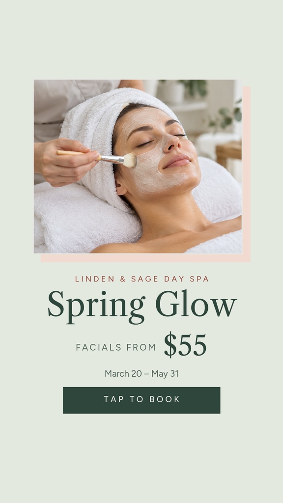 Instagram story template showing a spa facial treatment with Spring Glow text and a book now button