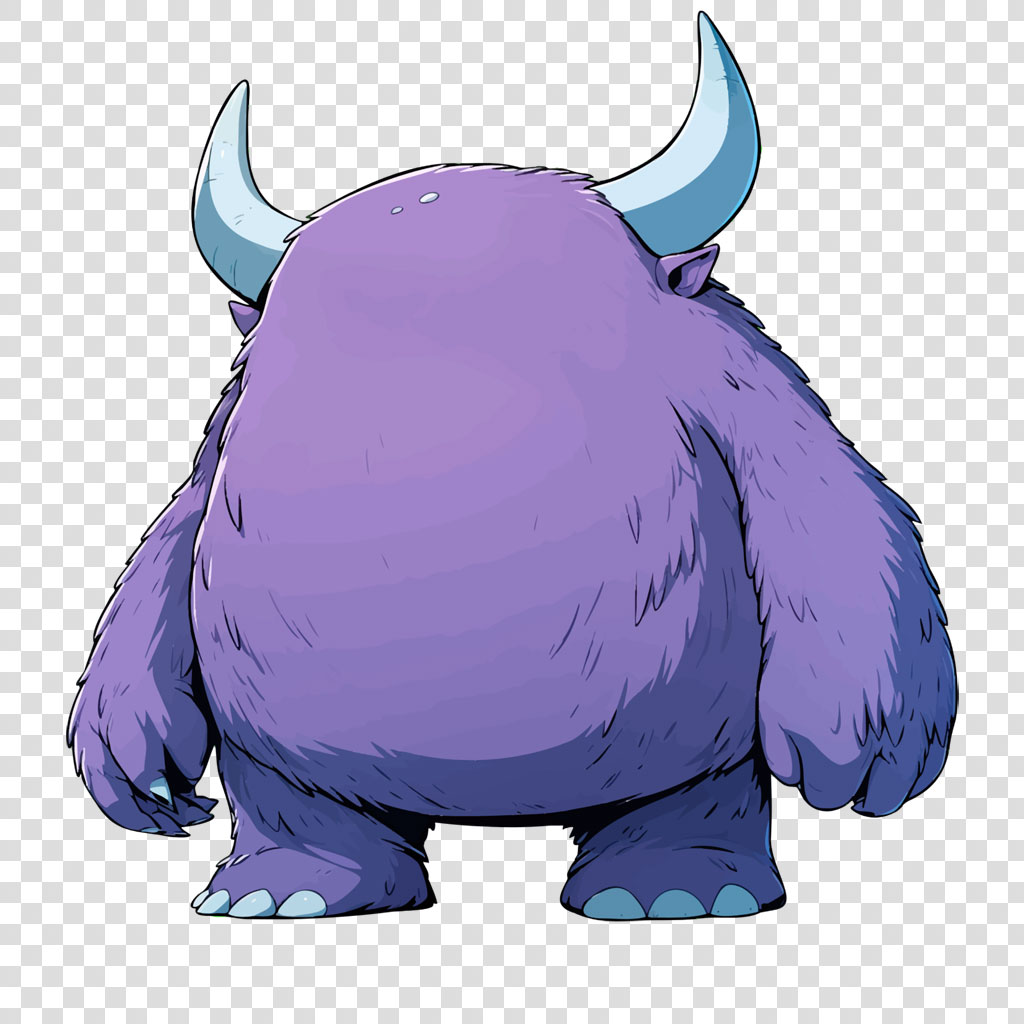 A large, purple, furry monster with two blue horns and blue claws.