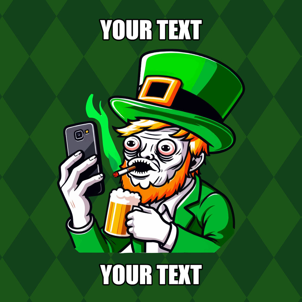Cartoon zombie leprechaun holding a beer and phone