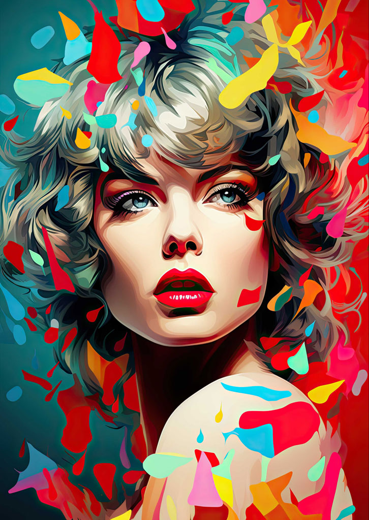 A digital painting of a woman with curly hair and red lips surrounded by colorful splatters.