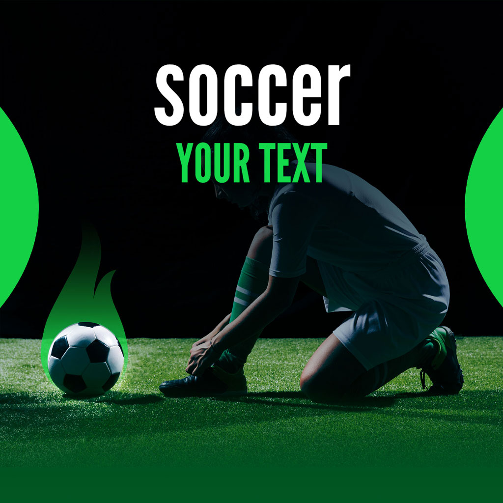 Soccer player crouching next to a soccer ball on a field